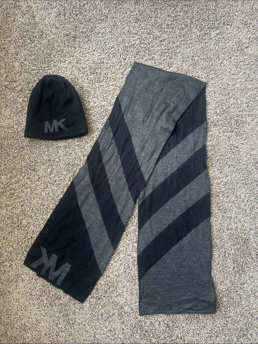 Michael Kors Black & Gray MK Logo Knit Beanie and Stripe Scarf